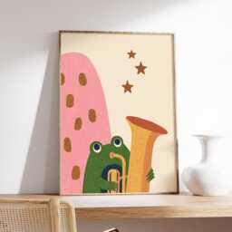 Whimsical Frog Wall Art, Cute Animal Poster, Modern Kids Room Print With Playful Trombone & Stars Design - thumbnail 2