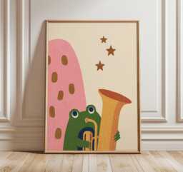 Whimsical Frog Wall Art, Cute Animal Poster, Modern Kids Room Print With Playful Trombone & Stars Design - thumbnail 1