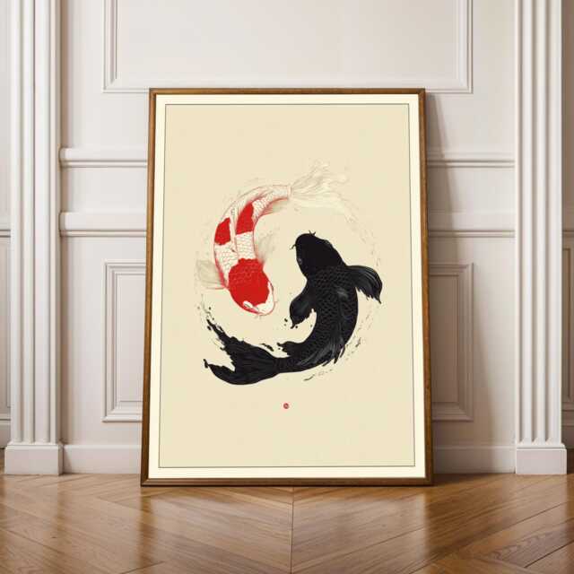 Koi Fish Yin-Yang, Art Print, Red & Black Decor, Living Room Wall Art, Wabi Sabi Decor - image 1