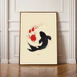 Koi Fish Yin-Yang, Art Print, Red & Black Decor, Living Room Wall Art, Wabi Sabi Decor - thumbnail 1
