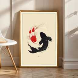 Koi Fish Yin-Yang, Art Print, Red & Black Decor, Living Room Wall Art, Wabi Sabi Decor - thumbnail 2