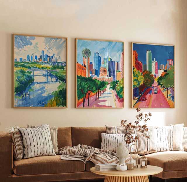 Set Of 3 Dallas Posters, Texas Wall Art Prints, Travel Poster Set, City Skyline Urban Architecture Posters - image 1