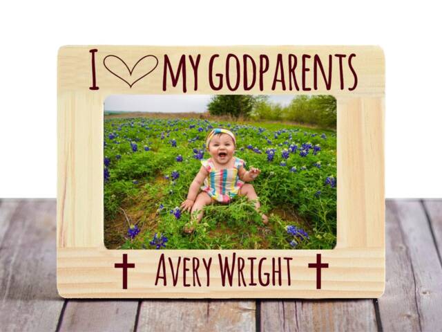 Personalized Baptism Picture Frame Godparent Gift, Engraved Wood - image 1