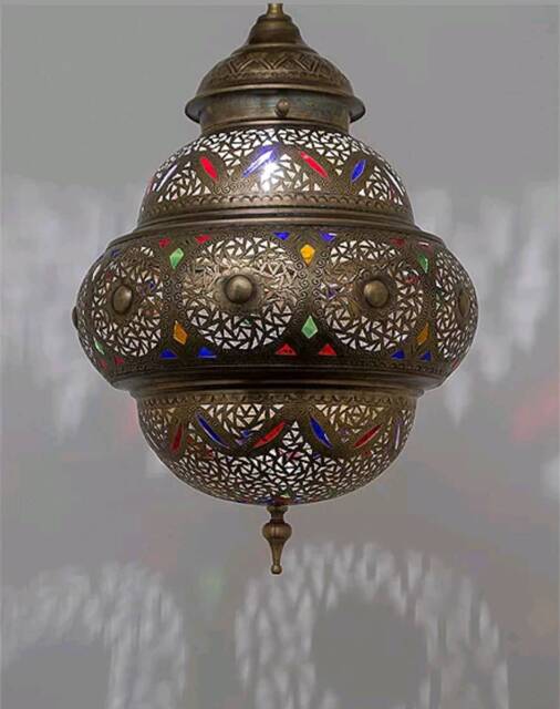 Antique Brass Moroccan Pendant Light Colored Glass Lampshade - image 1