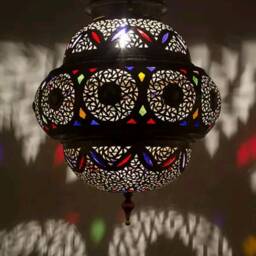 Antique Brass Moroccan Pendant Light Colored Glass Lampshade - thumbnail 2