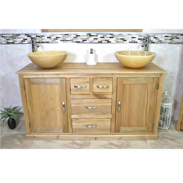 Oak Bathroom Vanity Unit Cabinet Double Twin His & Hers Golden Onyx Basins 603Gox2 - image 1