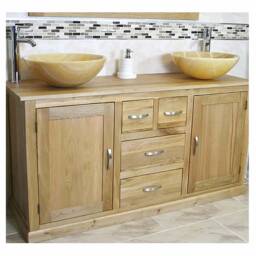 Oak Bathroom Vanity Unit Cabinet Double Twin His & Hers Golden Onyx Basins 603Gox2 - thumbnail 2