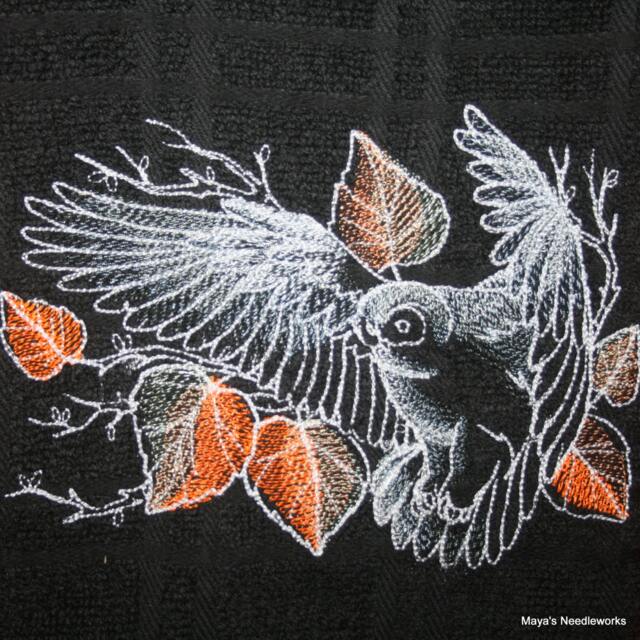 Embroidered Owl Hand Towel - Chalkboard Style & Fall Leaves On Black 100% Cotton - image 1