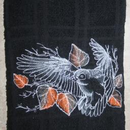 Embroidered Owl Hand Towel - Chalkboard Style & Fall Leaves On Black 100% Cotton - thumbnail 2