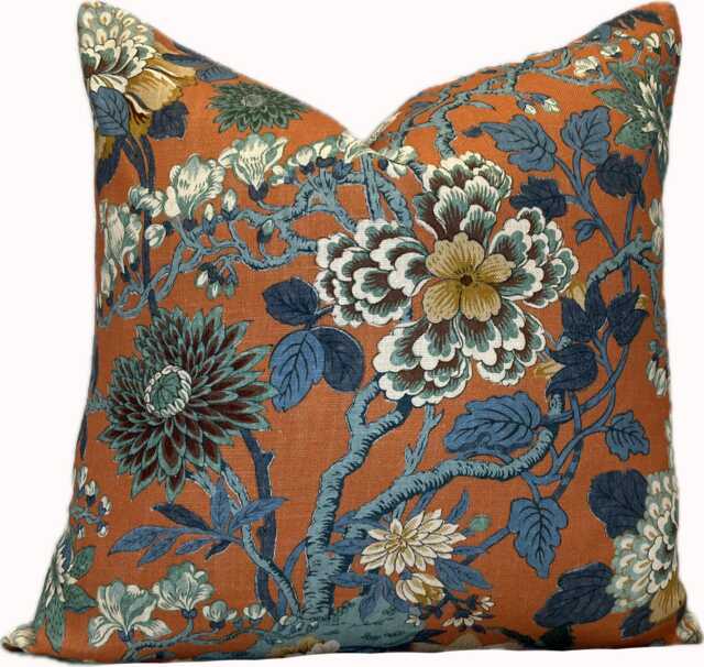 G.p & J Baker Little Magnolia Teal/Orange Linen Double Sided Cushion Cover Pillow - image 1
