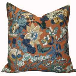 G.p & J Baker Little Magnolia Teal/Orange Linen Double Sided Cushion Cover Pillow - thumbnail 2