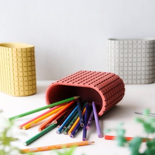 Brick Red Concrete Desk Organizer - Red Concrete Desk Accessory Set Geometrical Stationary Holder Minimalist Gift - image 1
