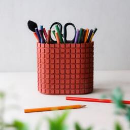 Brick Red Concrete Desk Organizer - Red Concrete Desk Accessory Set Geometrical Stationary Holder Minimalist Gift - thumbnail 3