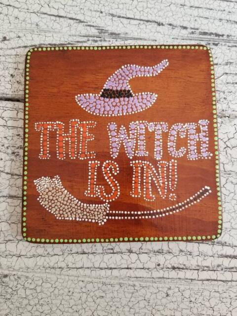 The Witch Is in Dot Art Sign // Wood Painting Home Decor Fall Wall Halloween Unique Gifts - image 1