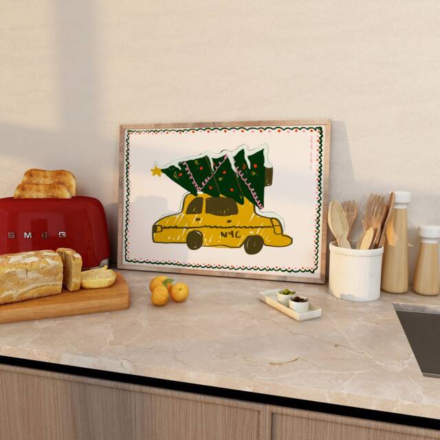 Nyc Taxi Christmas Tree Art Print, Modern Holiday Wall Decor - image 1