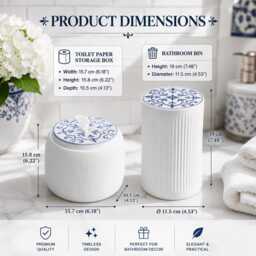 Traditional Motif Bathroom Set, Bin & Toilet Paper Storage Box, Decor, Blue White Accessories, Gift For New Home - thumbnail 3