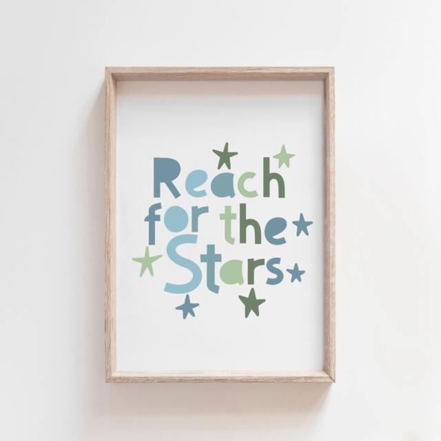 Reach For The Stars Poster, Boys Nursery Prints, Wall Art, Decor, Quotes, Blue & Green - image 1
