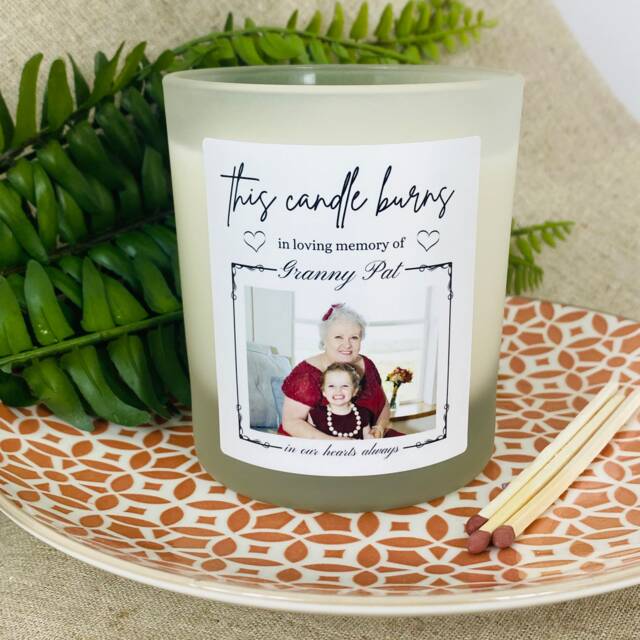 Personalised Bereavement Photo Candle - Remembrance - Memoriam With Sympathy This Burns in Loving Memory Of Frosted Glass Jar - image 1
