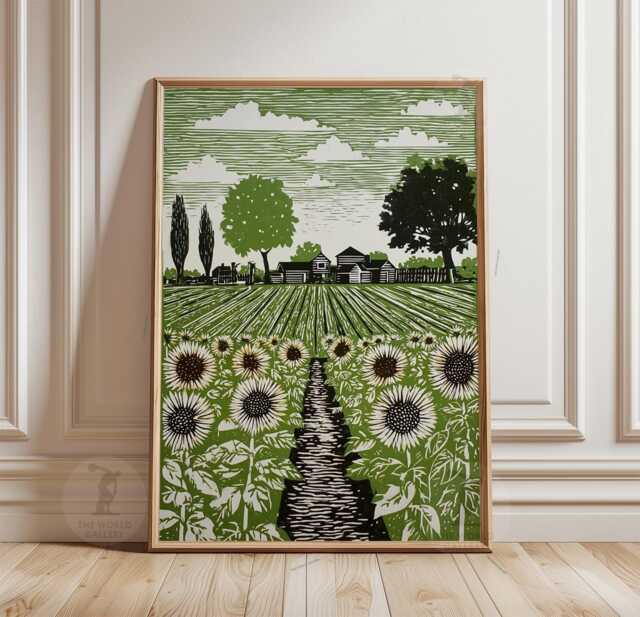 Allotment Garden Landscape Poster - Green Linocut Style Farm Print Rural Wall Art Decor - image 1