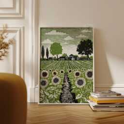 Allotment Garden Landscape Poster - Green Linocut Style Farm Print Rural Wall Art Decor - thumbnail 3