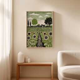 Allotment Garden Landscape Poster - Green Linocut Style Farm Print Rural Wall Art Decor - thumbnail 2