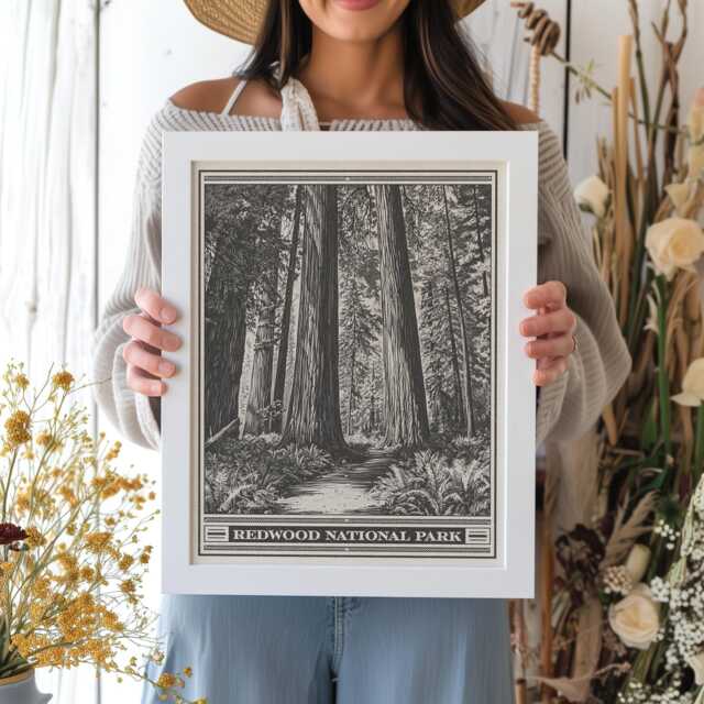 Redwood National Park Lithograph Style Print - Vintage California Archival Matte Fine Art Print. Jedediah Smith Prairie Creek Redwoods Gift - image 1