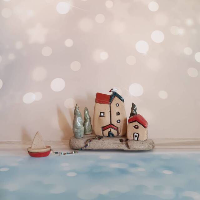 Small Ceramics & Driftwood Sculpture, Unique Art Object Of A Small Village With Clay Houses Sail Boat On - image 1