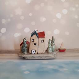 Small Ceramics & Driftwood Sculpture, Unique Art Object Of A Small Village With Clay Houses Sail Boat On - thumbnail 4