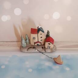 Small Ceramics & Driftwood Sculpture, Unique Art Object Of A Small Village With Clay Houses Sail Boat On - thumbnail 2