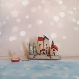 Small Ceramics & Driftwood Sculpture, Unique Art Object Of A Small Village With Clay Houses Sail Boat On - thumbnail 1