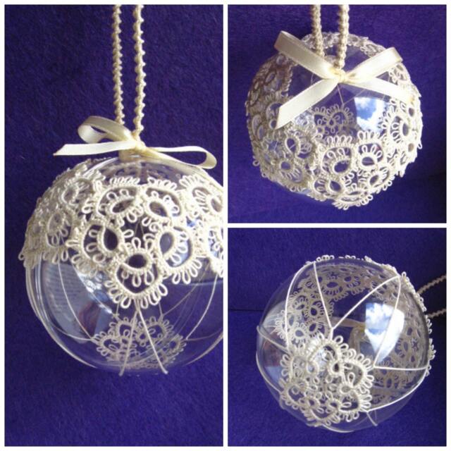 Christmas Ball Tatting Lace Ornament White-Off Ecru Decoration - image 1
