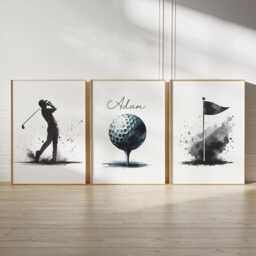 Personalised Golf Prints - Set Of 3 Black Posters - Boys Bedroom Decor Custom Golfer Wall Art Kid Room Golfing Artwork Gift - thumbnail 1
