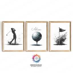Personalised Golf Prints - Set Of 3 Black Posters - Boys Bedroom Decor Custom Golfer Wall Art Kid Room Golfing Artwork Gift - thumbnail 2