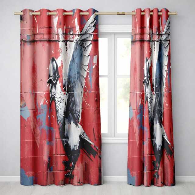 Grey Pigeon in Flight On Red Graffiti Background Unique Artwork For Bedroom Decor Readymade Eyelet Ring Top Thermal 100% Blackout Curtains - image 1