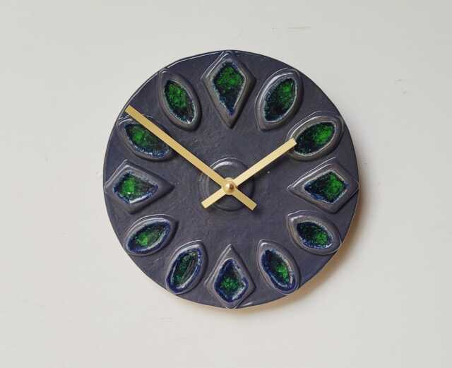 Unusual Hand Made Circular Navy Dark Slate Blue Grey Glazed Stoneware Ceramic & Green Glass Wall Clock 20 cm Diameter 8 - image 1