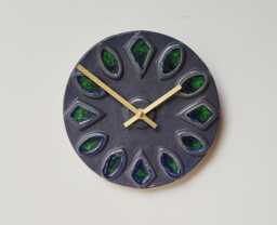 Unusual Hand Made Circular Navy Dark Slate Blue Grey Glazed Stoneware Ceramic & Green Glass Wall Clock 20 cm Diameter 8 - thumbnail 1