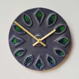 Unusual Hand Made Circular Navy Dark Slate Blue Grey Glazed Stoneware Ceramic & Green Glass Wall Clock 20 cm Diameter 8 - thumbnail 2