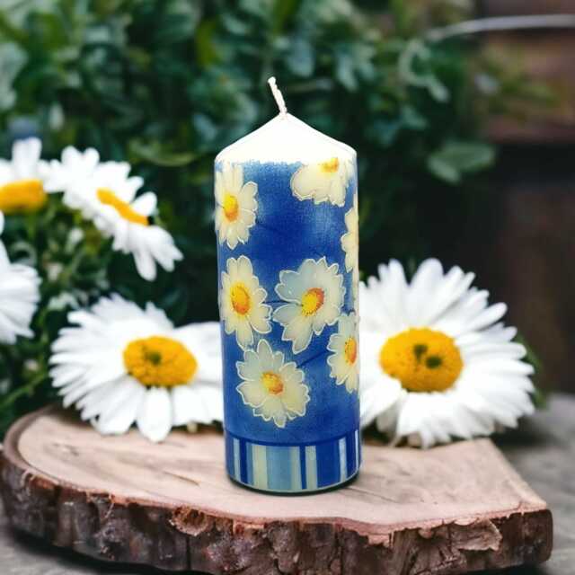 Hand-Decorated Wax Pillar Candle Sunshine Daisies On Blue - 16cm - image 1