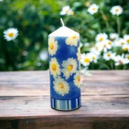 Hand-Decorated Wax Pillar Candle Sunshine Daisies On Blue - 16cm - thumbnail 4