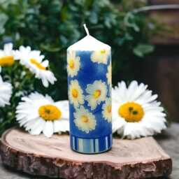 Hand-Decorated Wax Pillar Candle Sunshine Daisies On Blue - 16cm - thumbnail 1