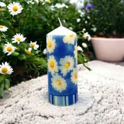 Hand-Decorated Wax Pillar Candle Sunshine Daisies On Blue - 16cm - thumbnail 3
