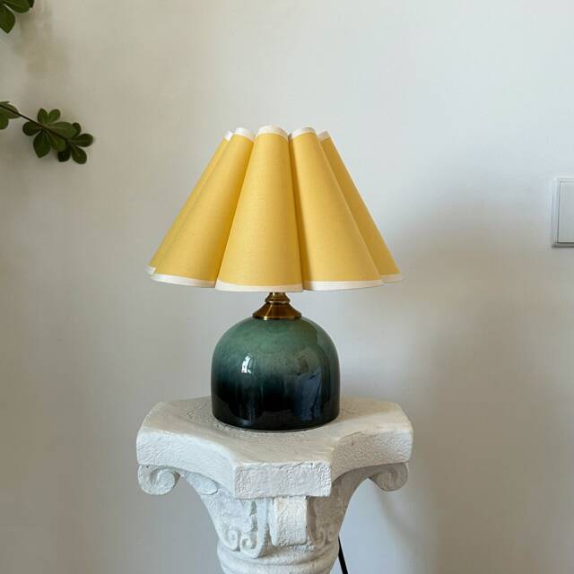Handmade Black Yellow Petal Pleated Shade Green Glaze Ceramic Table Lamp, Sturdy Base110-240V, Bedroom Living Room Kitchen Rustic Cozy Decor - image 1