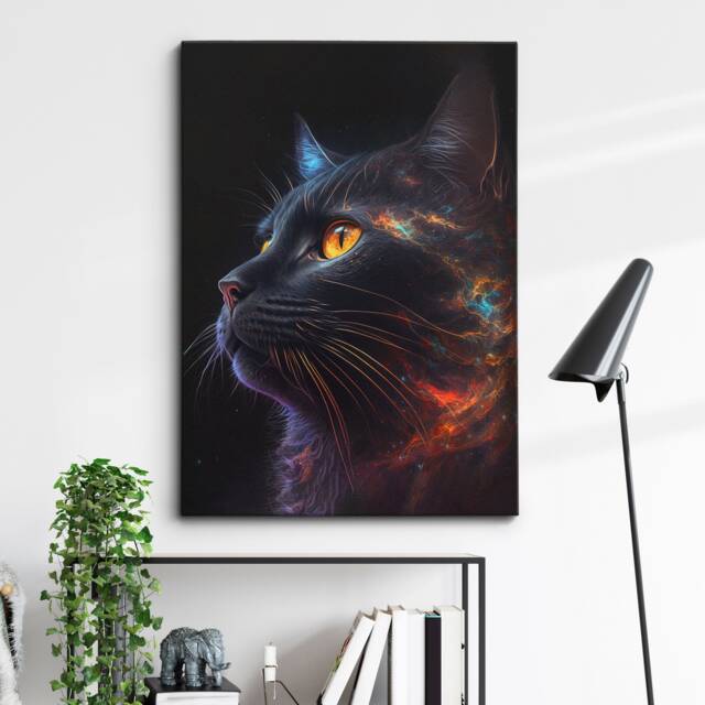 Colorful Galaxy Cat Pet Animal Lover Painting Splatter Wall Art, Framed Canvas Poster Print, Home Kitchen Office Room Decor, Gifts - image 1