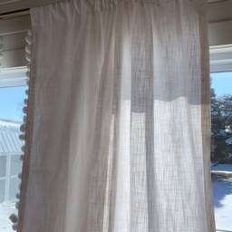 White Cotton Linen Curtains With Cream Pom Trim - Sold in Pairs - thumbnail 3