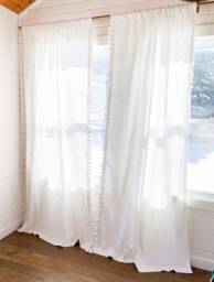 White Cotton Linen Curtains With Cream Pom Trim - Sold in Pairs - thumbnail 1