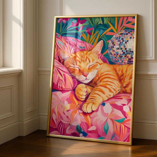 Disco Ball - Ginger Cat Print Funky Kitchen Wall Art Eclectic Prints Maximalist Decor - image 1