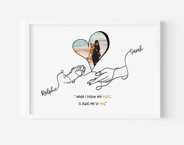 Personalised Dog & Owner Line Art Print, When I Follow My Heart Gift Keepsake - image 1