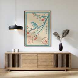 Japanese Bird Blossom Wall Art - Vintage Woodblock Style Sparrow Floral Poster Minimal Nature Print - thumbnail 3