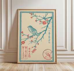 Japanese Bird Blossom Wall Art - Vintage Woodblock Style Sparrow Floral Poster Minimal Nature Print - thumbnail 1