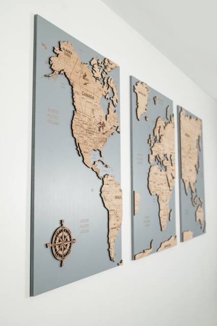 World Map Cork Push Pin Board Travel Wall Art Map, Oak Wood Or Wooden Home Decor, Feature Art, Wedding Anniversary - image 1